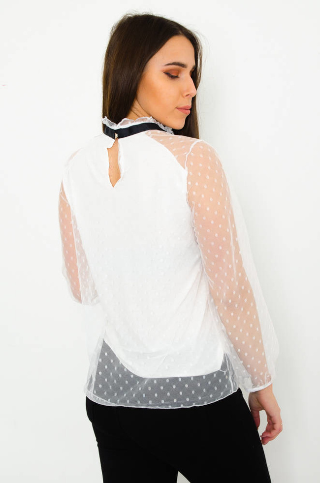 BIAŁA TIULOWA BLUZKA W KROPKI Z WIĄZANIEM