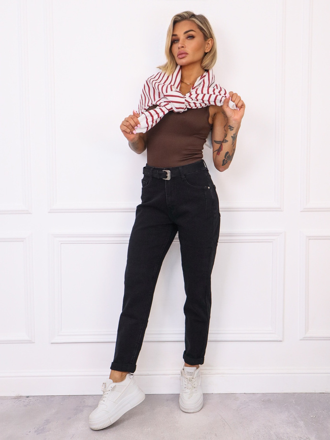 SPODNIE JEANSOWE PLUS SIZE MOM FIT Z PRZESZYCIAMI PRZY KIESZENIACH+ PASEK- CZARNE