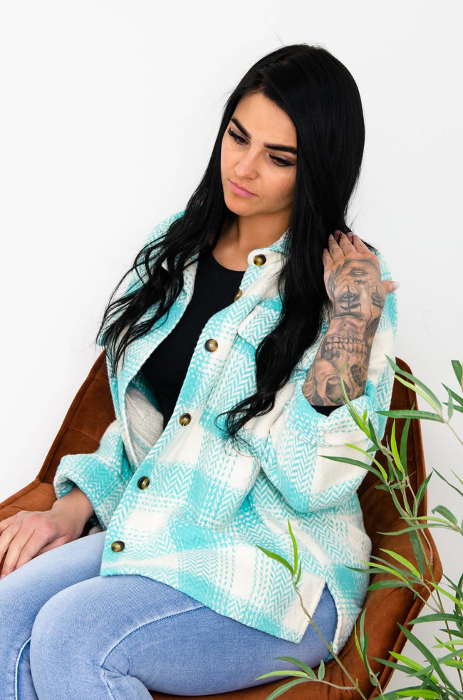 BIAŁO-ZIELONA BAWEŁNIANA KOSZULA-KURTKA W KRATĘ