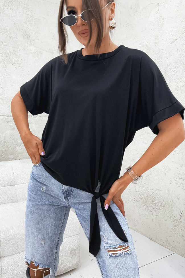 BLUZKA NA KRÓTKI RĘKAW WIĄZANA NA BOKU- CZARNA