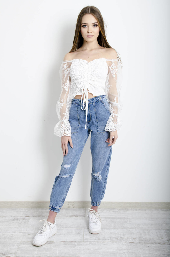 BIAŁA BLUZKA HISZPANKA Z TIULOWYMI RĘKAWAMI