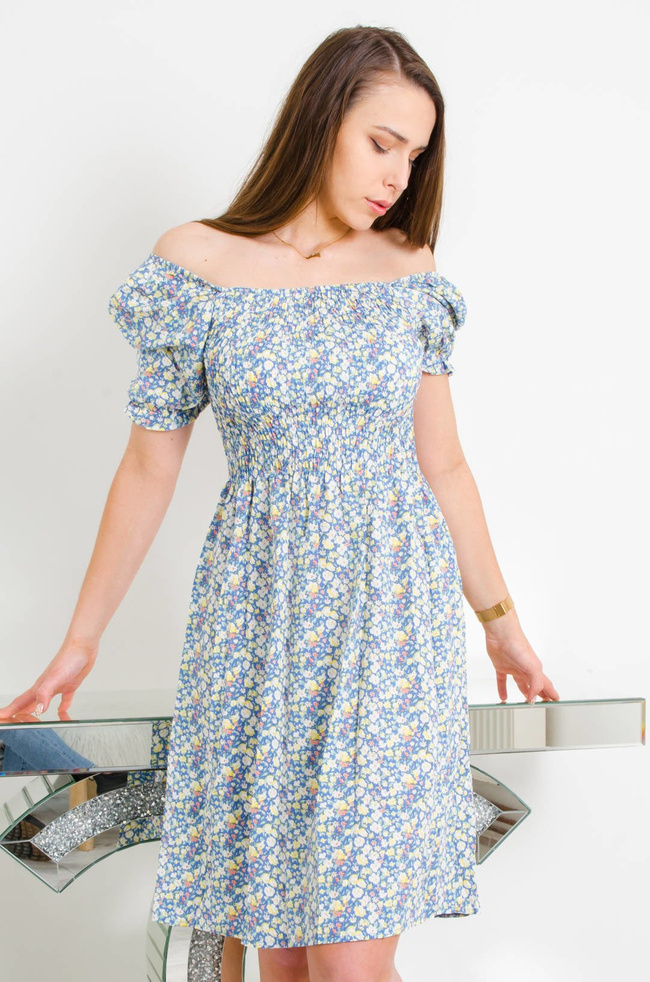 NIEBIESKA SUKIENKA W KWIATY Z BUFKAMI