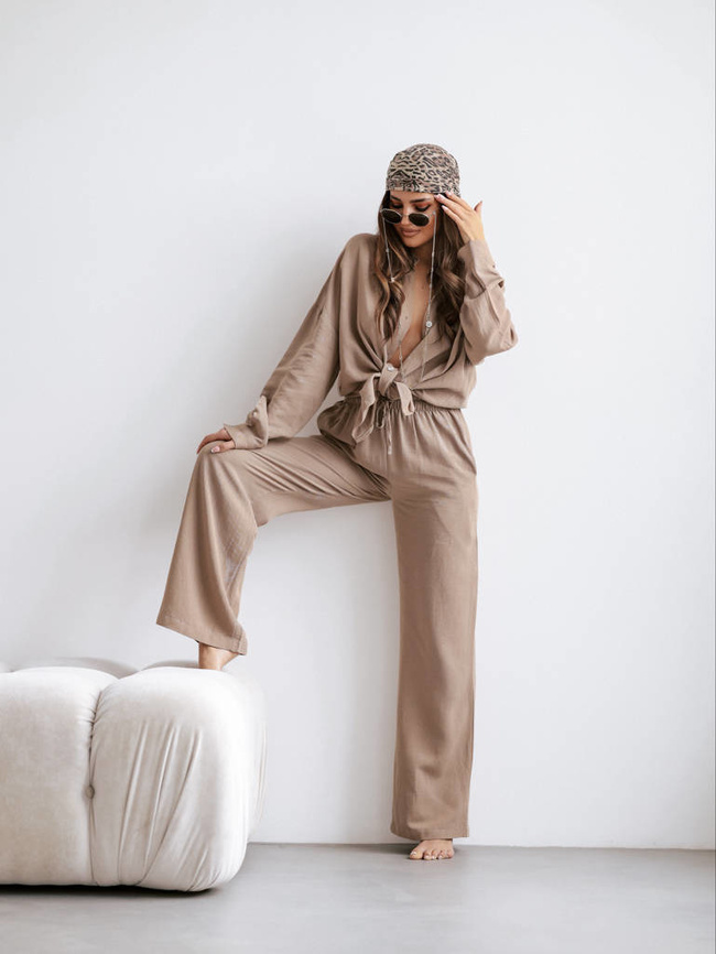 LNIANY KOMPLET KOSZULA+ SPODNIE- BRĄZOWY