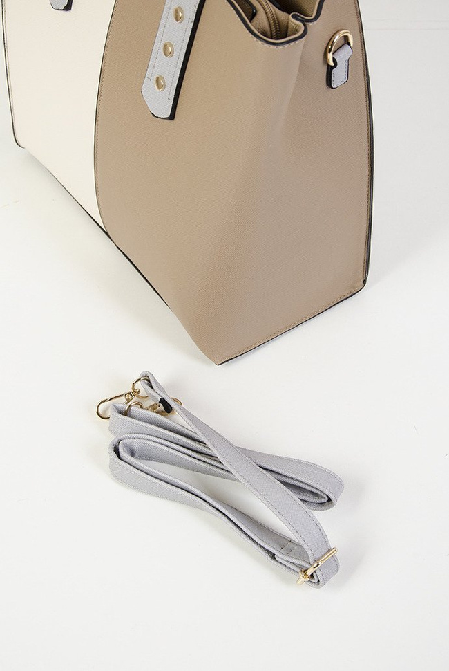 Brązowo kremowa torebka typu shopper z szarą rączką