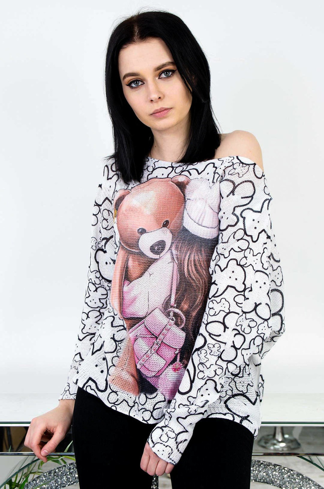 BIAŁA LUŹNA BLUZKA Z MOTYWEM KOBIETY Z MISIEM