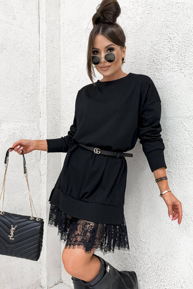 CZARNA SUKIENKA OVERSIZE DRESOWA Z KORONKĄ