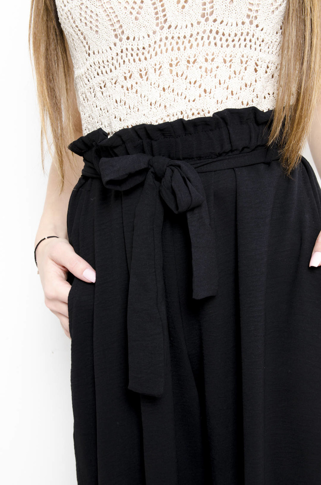 SPODNIE MATRIAŁOWE WIĄZANE W PASIE CZARNE