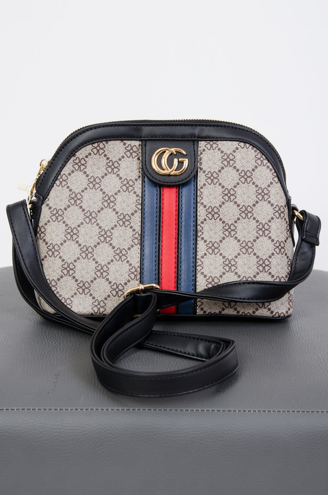 Wzorzysta torebka z czerwono-granatowym paskiem na przodzie