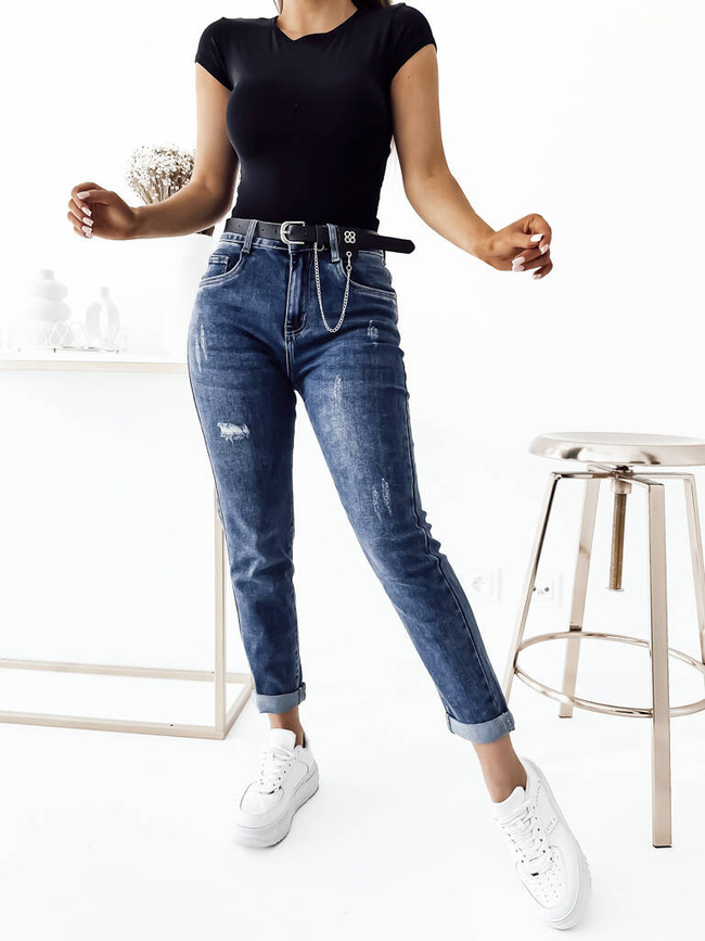 SPODNIE JEANSOWE MOM FIT Z PRZETARCIAMI+ PASEK
