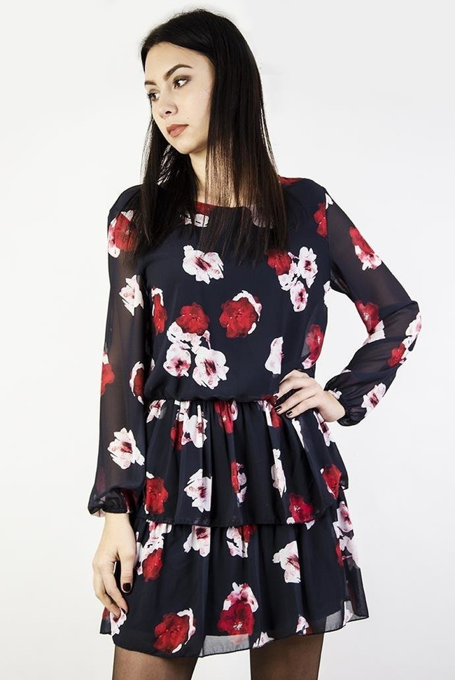 Granatowa sukienka w biało-czerwone kwiaty