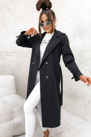 DŁUGI PŁASZCZ TRENCZ WIĄZANY W PASIE- CZARNY