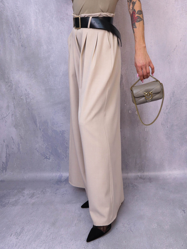 BEŻOWE ELEGANCKIE SPODNIE Z SZEROKIMI NOGAWKAMI+ PASEK