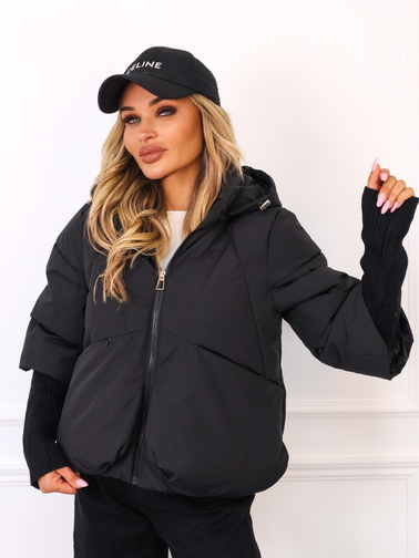 KURTKA PUCHOWA Z DZIANINOWYMI WSTAWKAMI PRZY RĘKAWACH- CZARNA