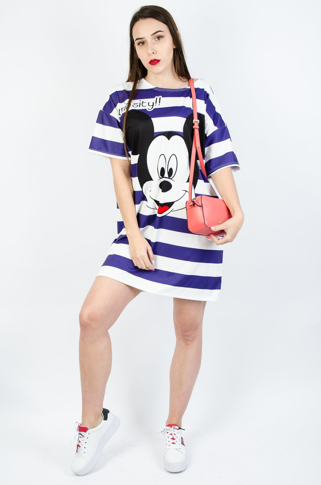 BIAŁA TUNIKA W PASKI Z APLIKACJĄ-FIOLETOWE PASKI