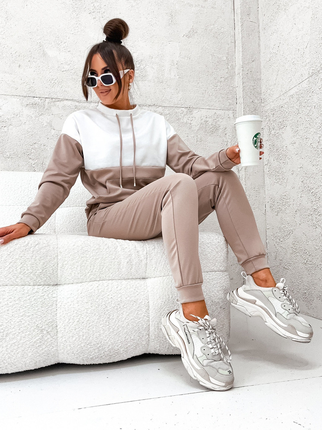 BEŻOWY KOMPLET DRESOWY BLUZA ZE SZNURKAMI+ SPODNIE