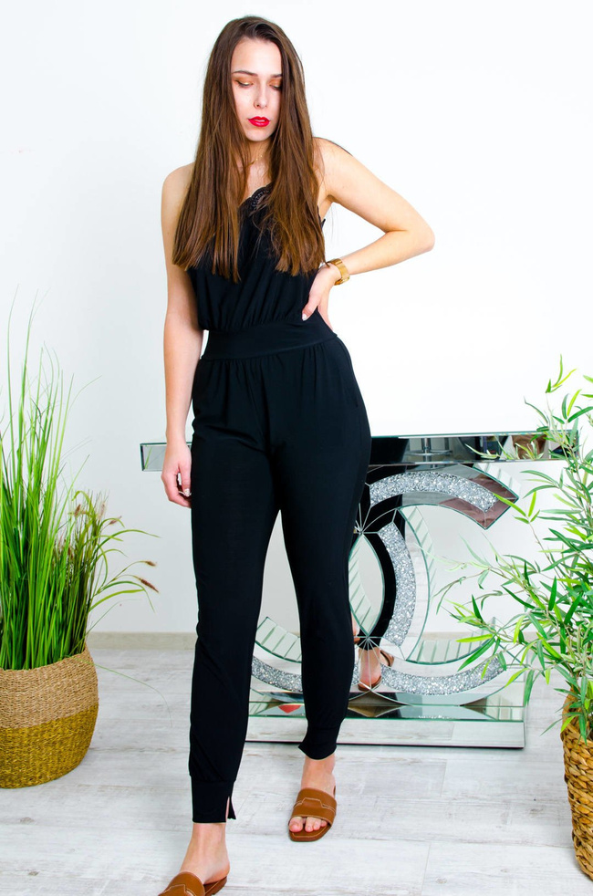 CZARNY DŁUGI KOMBINEZON NA CIENKICH RAMIĄCZKACH