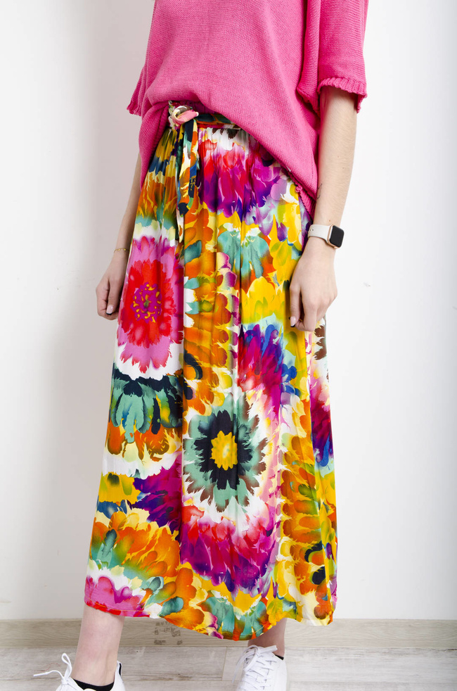 SPÓDNICA MAXI WZORZYSTA W KWIATY WIĄZANA W PASIE- POMARAŃCZOWA