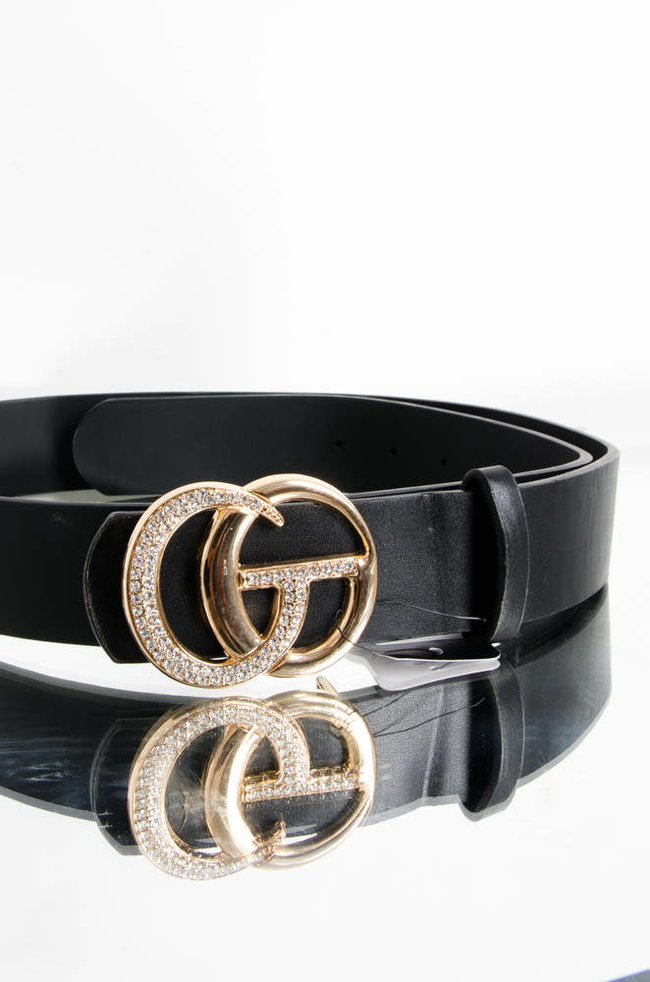 CZARNY PASEK CG- ZŁOTE ZAPIĘCIE Z CYRKONIAMI 