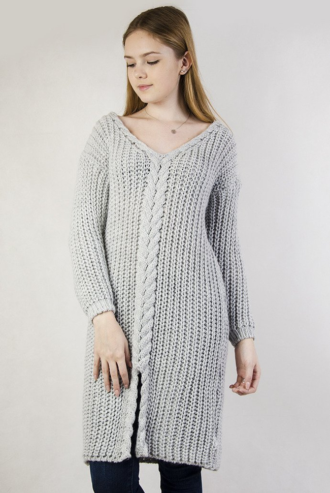 Długi szary sweter w serek, z rozcięciem na dole