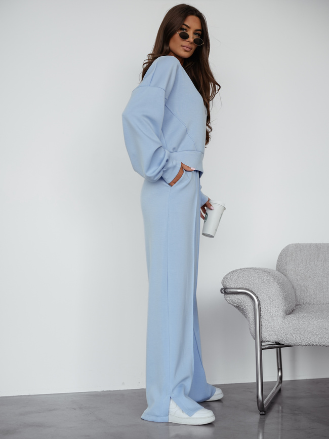 KOMPLET MASEŁKO BLUZA + SPODNIE Z SZEROKĄ NOGAWKĄ- NIEBIESKI