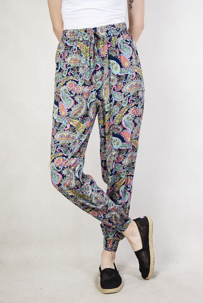 Wzorzyste spodnie alladynki niebiesko-granatowe