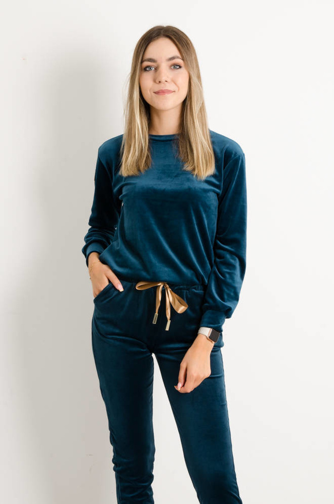 KOMPLET DRESOWY WELUROWY Z OZDOBNĄ NASZYWKĄ- CIEMNY TURKUS