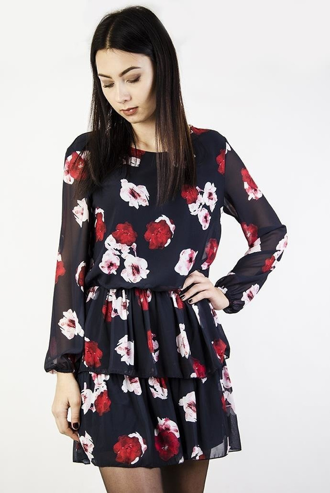 Granatowa sukienka w biało-czerwone kwiaty