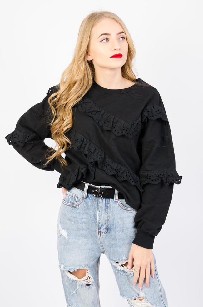 BLUZA Z AŻUROWYMI FALBANAMI W KOLORZE CZARNYM