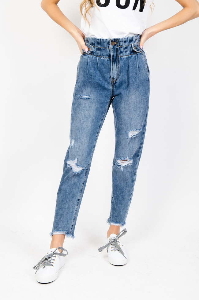 SPODNIE JEANSOWE TYPU MOM FIT Z PRZETARCIAMI