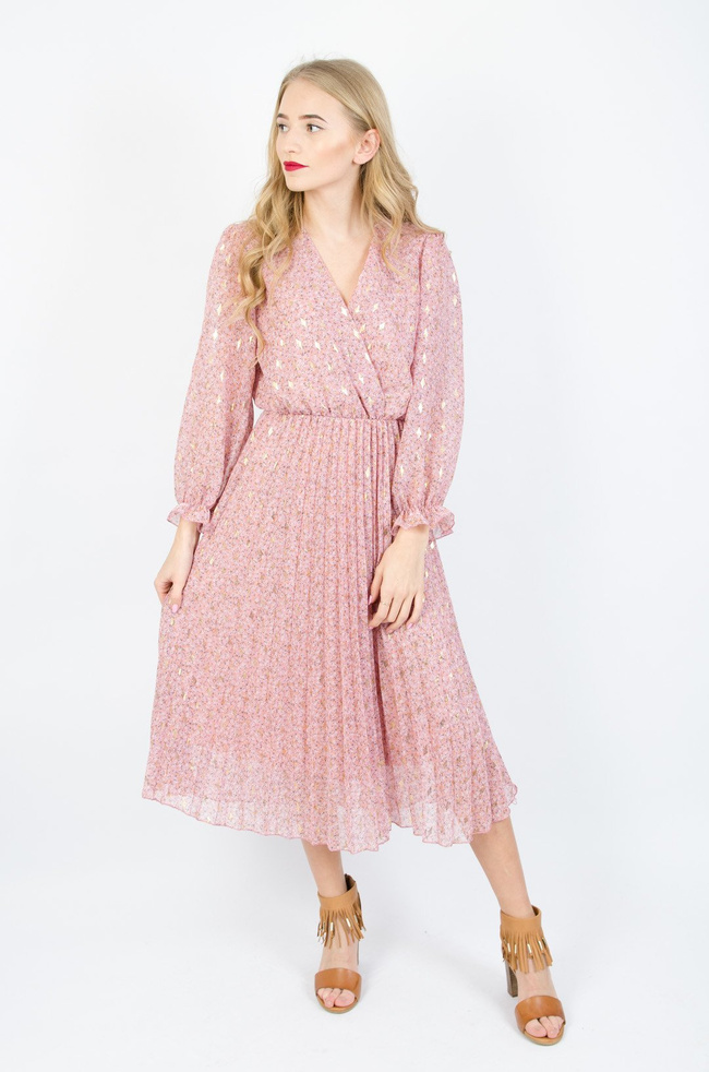 RÓŻOWA SUKIENKA W KWIATY Z PLISOWANYM DOŁEM