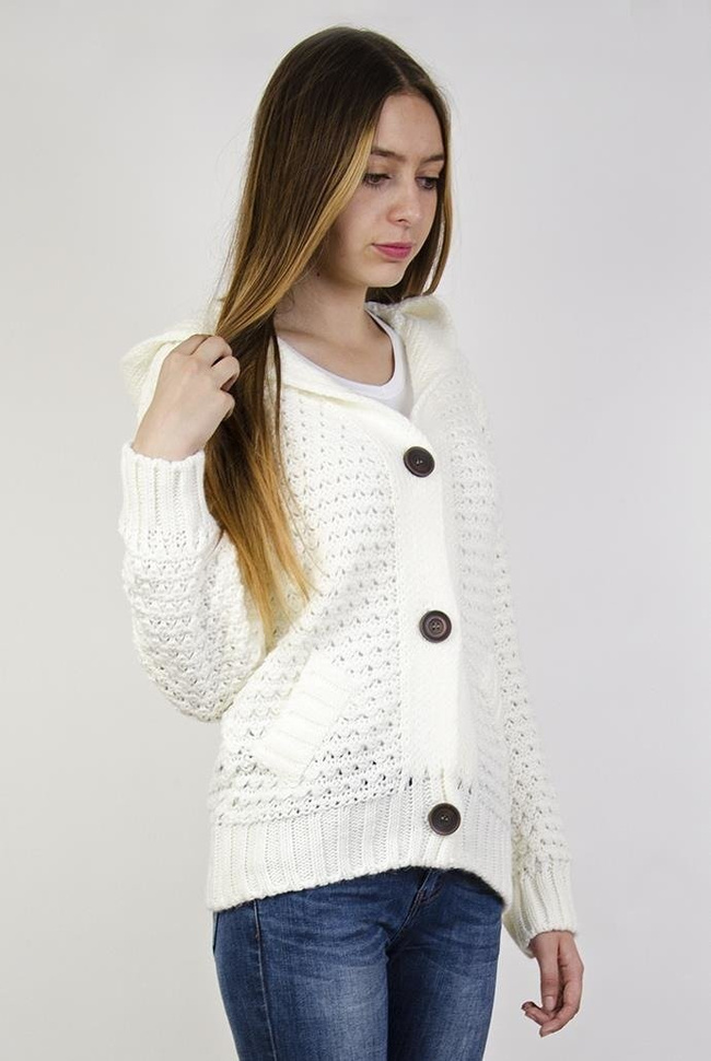 Biały sweter z kapturem, zapinany na 3 guziki
