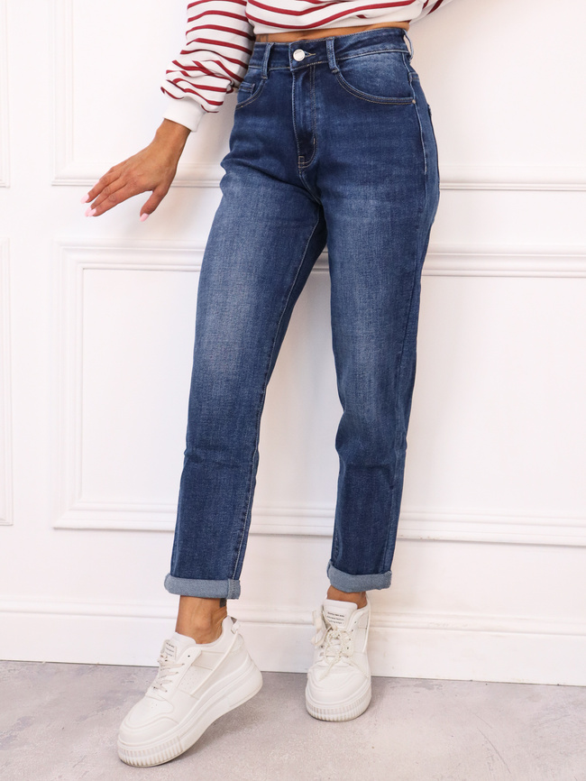 SPODNIE JEANSOWE MOM FIT Z WYSOKIM STANEM - GRANATOWE