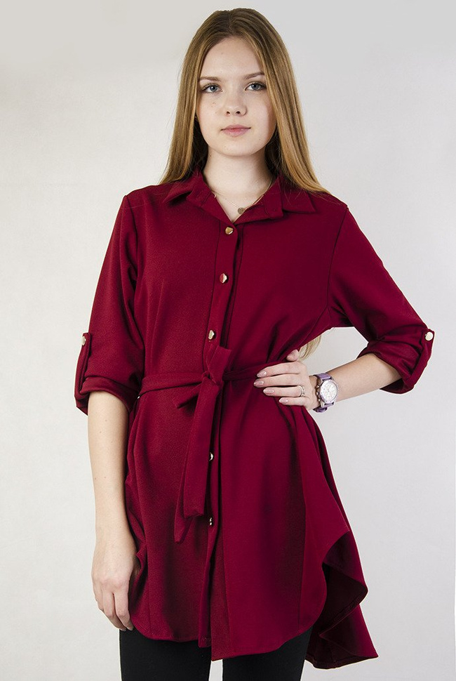 Bordowa tunika z wiązaniem w pasie