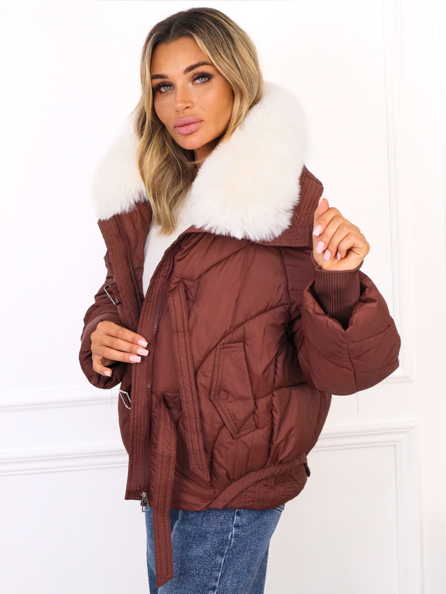 KURTKA Z FUTERKIEM NA KOŁNIERZU- CIEMNOBORDOWA