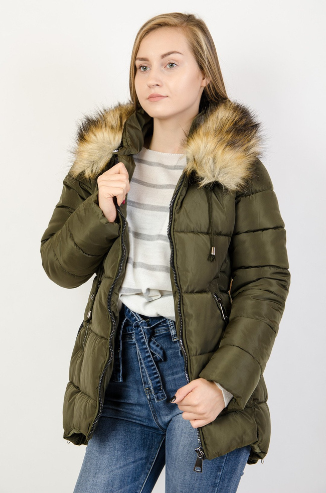 Zielona ocieplana kurtka z zamkami po bokach