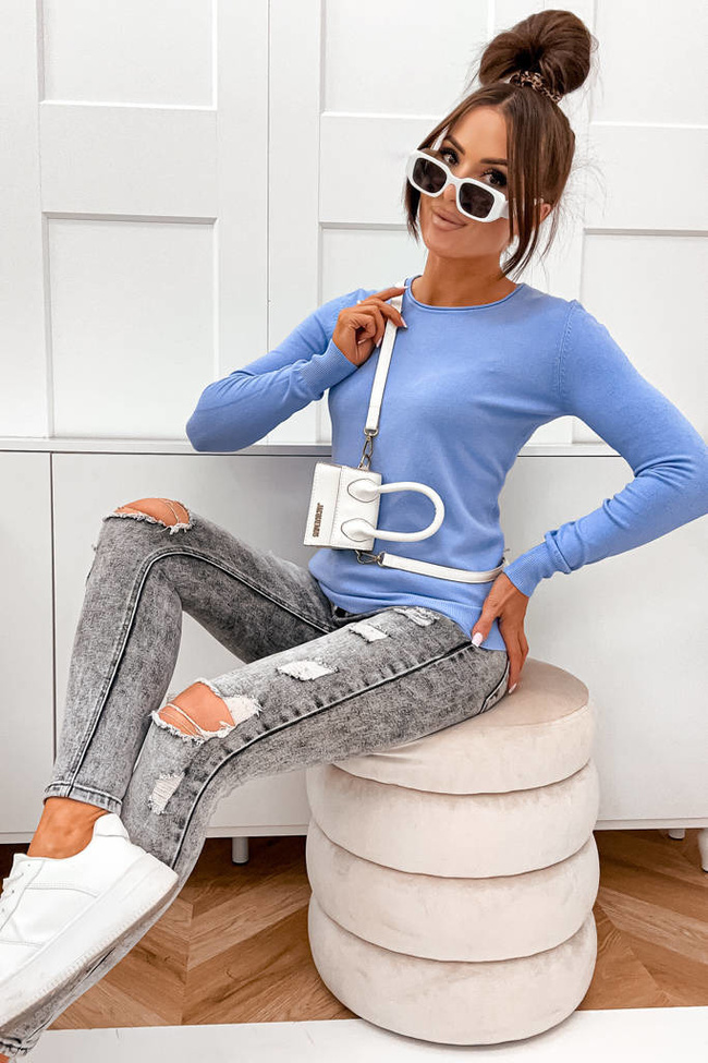 SWETEREK ZE ŚCIAGACZAMI I OKRĄGŁYM DEKOLTEM - NIEBIESKI