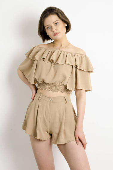 BEŻOWY KOMPLET HISZPANKA + SPODENKI Z WYSOKIM STANEM