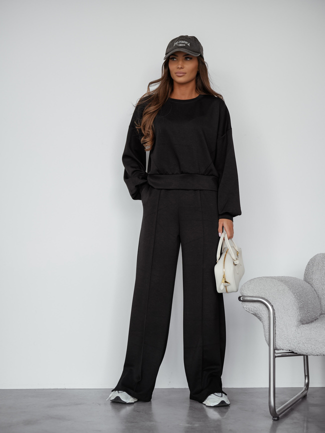 KOMPLET MASEŁKO BLUZA + SPODNIE Z SZEROKĄ NOGAWKĄ- CZARNY