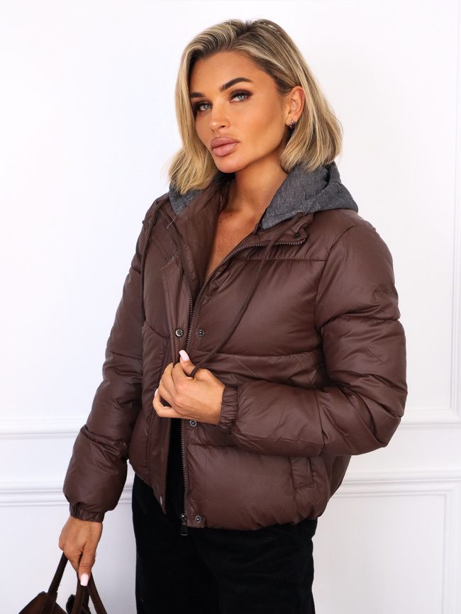 KURTKA ZAPINANA NA ZAMEK I ZATRZASKI Z BAWEŁNIANYM KAPTUREM- CZEKOLADOWA