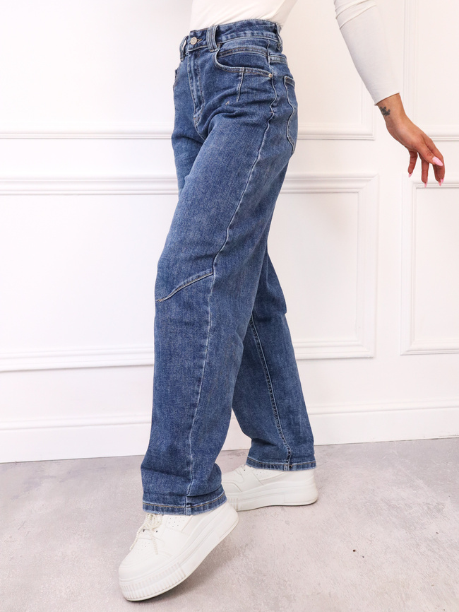 SPODNIE JEANSOWE MOM FIT Z PRZESZYCIAMI- GRANATOWE