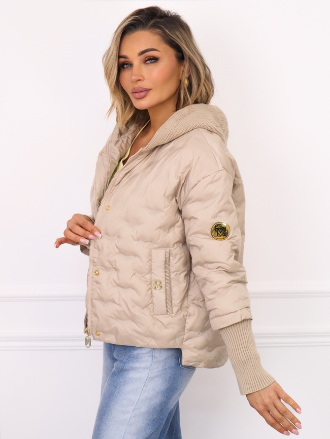 KURTKA PRZEJŚCIOWA ASYMETRYCZNA Z DZIANINOWYM KAPTUREM I ŚCIĄGACZAMI- BEŻOWA