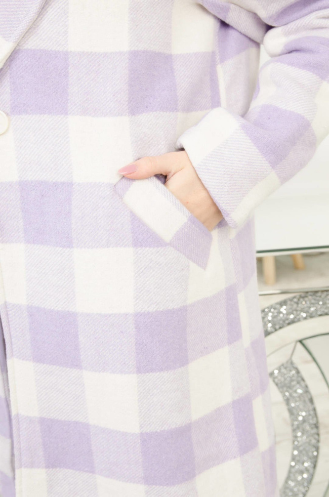 BIAŁO-FIOLETOWY PŁASZCZ W KRATĘ