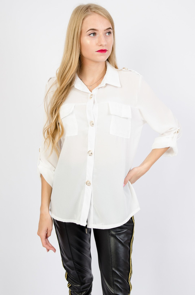 Biała bluzka koszulowa ze złotymi guzikami