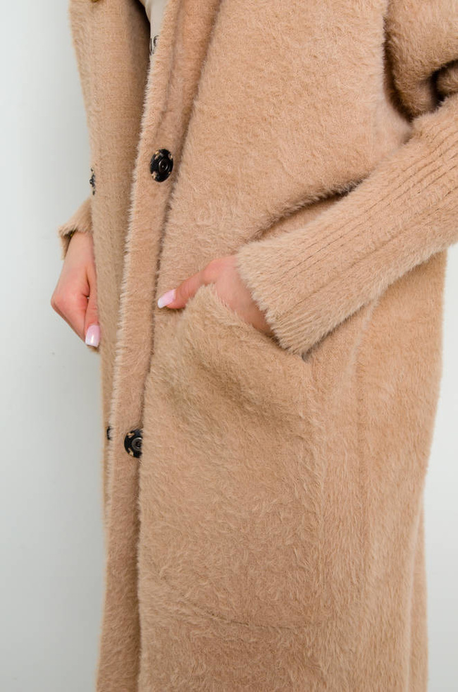 PŁASZCZ DŁUGI WEŁNIANY ALPAKA Z KAPTUREM- BRĄZOWY