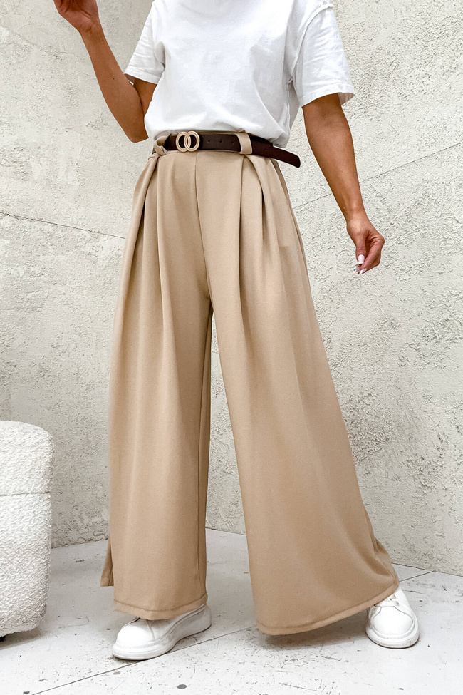 SZEROKIE SPODNIE ONESIZE Z WYSOKIM STANEM I PASKIEM- BRĄZOWE