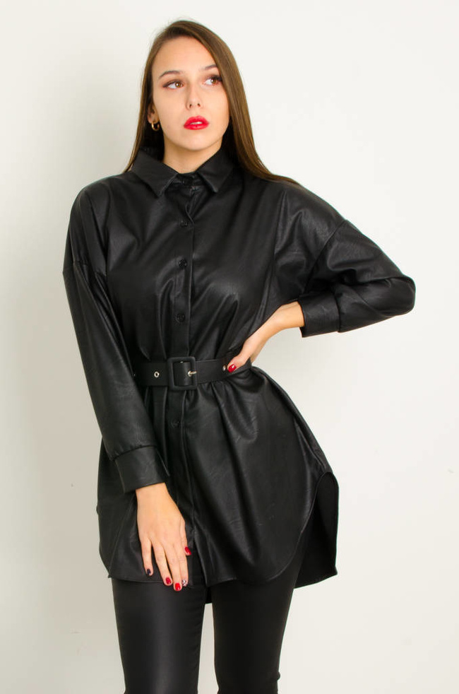 KOSZULOWA SUKIENKA Z IMITACJI SKÓRY+ PASEK- CZARNA