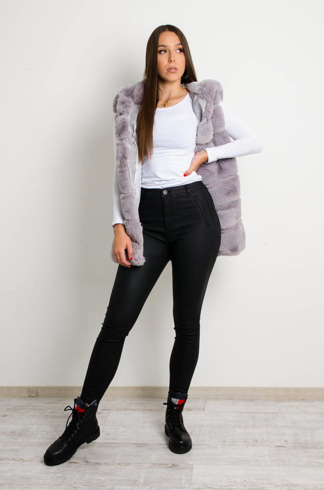 SZARA FUTRZANA KAMIZELKA Z KAPTUREM