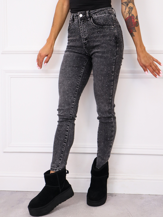 SPODNIE JEANSOWE SKINNY W CYRKONIE- SZARE