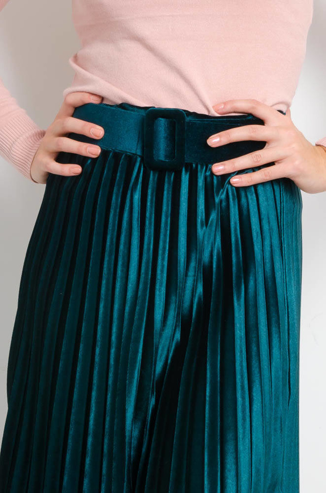 ZIELONA WELUROWA PLISOWANA SPÓDNICA Z PASKIEM-MIDI