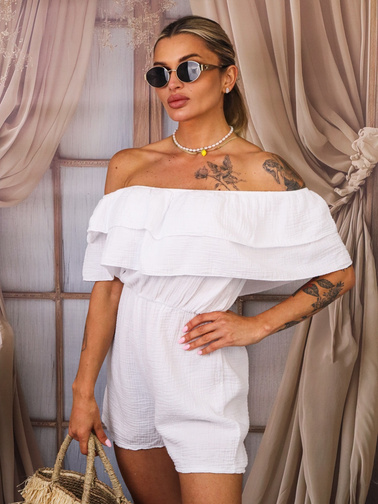 KOMBINEZON MUŚLINOWY HISZPANKA Z FALBANĄ- BIAŁY